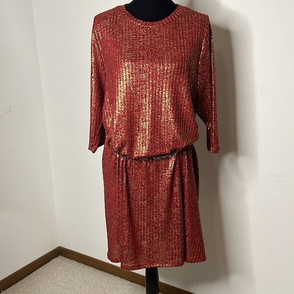 Heartsoul Plus size 2X red and gold shimmer 3/4 sleeve dress - Picture 10 of 12